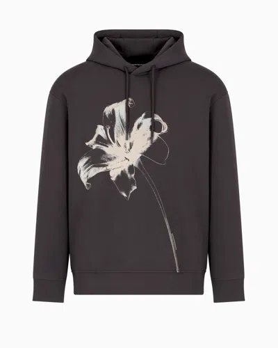 Emporio Armani Loose-fit Hooded Sweatshirt In Double Jersey With A Flower Print In Grey