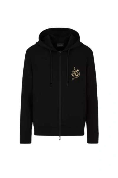 Emporio Armani Double-jersey Hooded Zip Sweatshirt With Lunar New Year Embroidery In Black