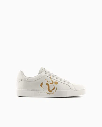 Emporio Armani Lunar New Year Snake-print Leather Sneakers In White