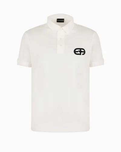 Emporio Armani Official Store Lyocell-blend Jersey Polo Shirt With Armani Sustainability Values Logo Raised Embroid In White