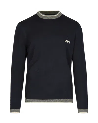 Emporio Armani Navy Blue Virgin Wool Sweater With Logo In Black