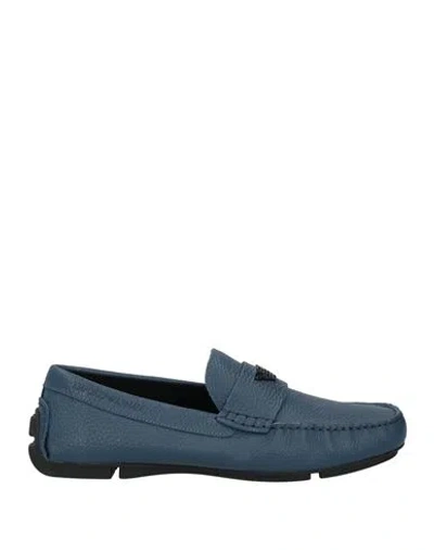 Emporio Armani Man Loafers Slate Blue Size 9 Cow Leather