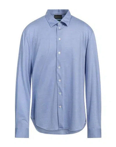 Emporio Armani Man Shirt Azure Size L Virgin Wool, Lyocell In Blue