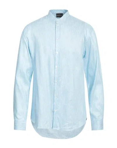Emporio Armani Man Shirt Azure Size S Linen, Cotton In Blue