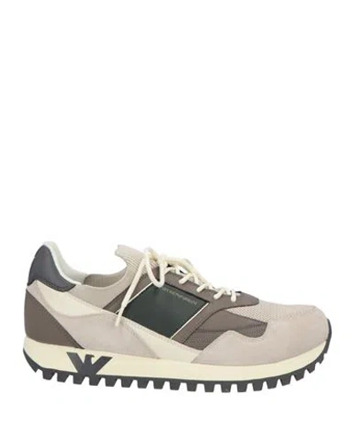 Emporio Armani Man Sneakers Beige Size 12 Leather, Textile Fibers, Synthetisches Material In Sand