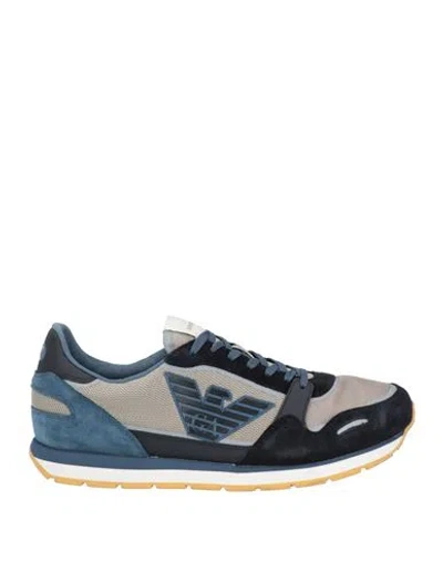 Emporio Armani Man Sneakers Blue Size 11 Cow Leather, Polyester