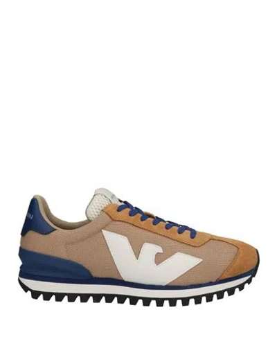 Emporio Armani Man Sneakers Camel Size 7 Soft Leather, Textile Fibers In Multi