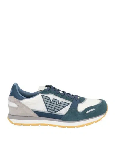 Emporio Armani Man Sneakers Slate Blue Size 11 Cow Leather, Polyester In Navy Blue