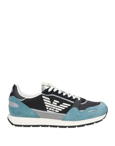Emporio Armani Man Sneakers Pastel Blue Size 9 Leather, Textile Fibers