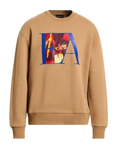 Emporio Armani Man Sweatshirt Camel Size L Cotton, Elastane In Brown