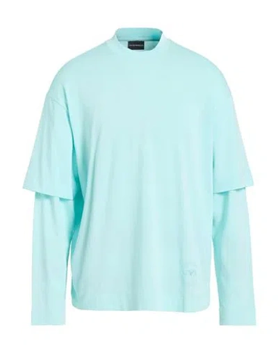 Emporio Armani Man T-shirt Turquoise Size L Cotton In Blue