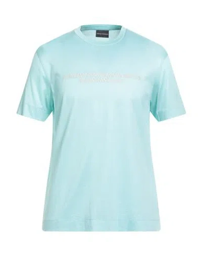 Emporio Armani Man T-shirt Turquoise Size M Lyocell, Cotton In Blue