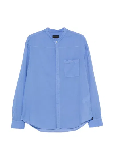 Emporio Armani Cotton Shirt Mandarin Collar Long Sleeves In Blue