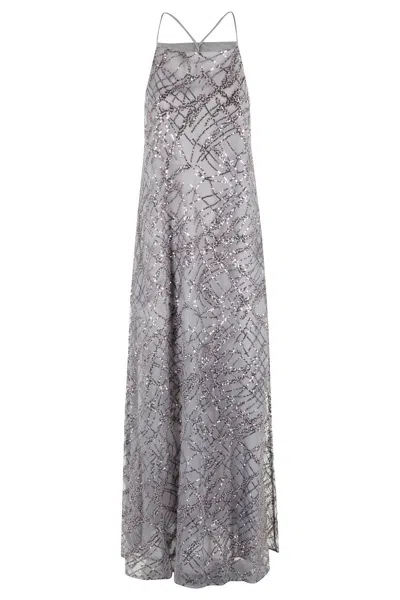 Emporio Armani Maxi Dress With All-over Sequin Embroidery In Gray