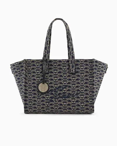 Emporio Armani Medium Shopper Bag In Jacquard Canvas With All-over Monogram In Gold