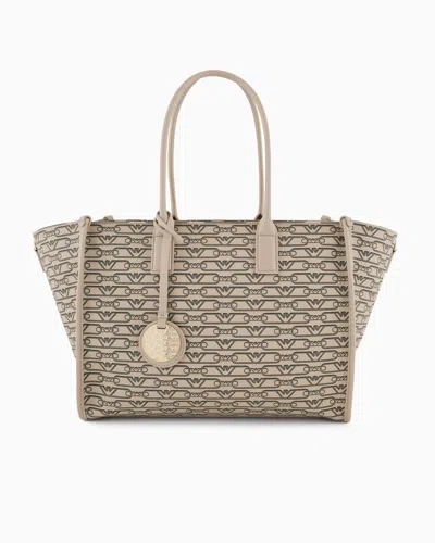 Emporio Armani Medium Shopper Bag With All-over Monogram Print In Beige