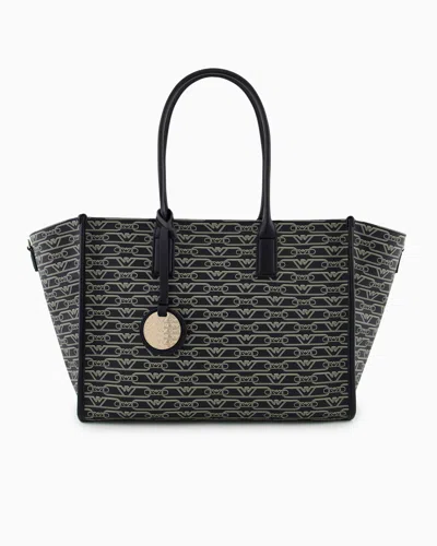 Emporio Armani Official Store Medium Shopper Bag With All-over Monogram Print In Noir