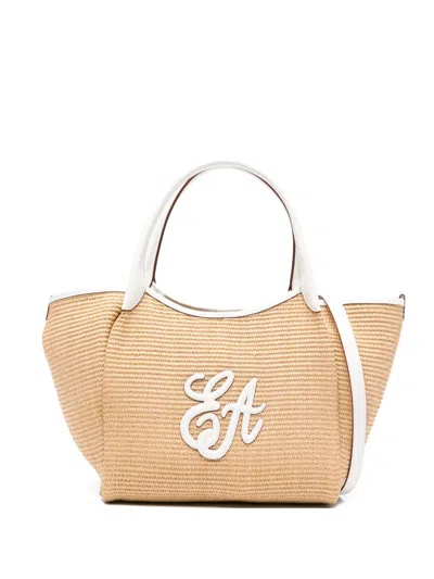 Emporio Armani Woven Straw Medium Natural White Shopper Bag In Blue