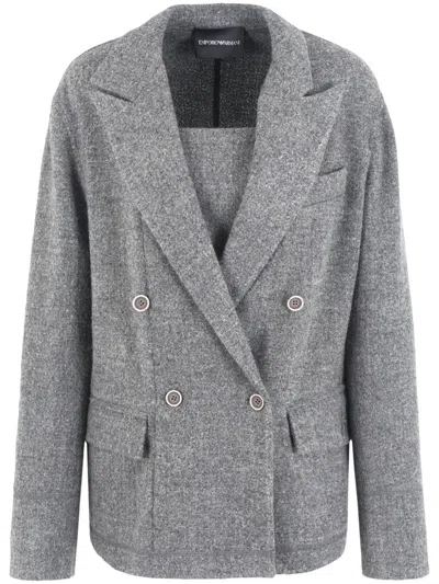 Emporio Armani Mélange Double-breasted Blazer In Gray