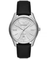 Emporio Armani Automatic Three-hand Date Black Leather Watch In Black
