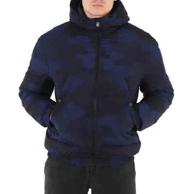 Pre-owned Emporio Armani Men's Blue Navy Camouflage-print Hooded Down Jacket, Brand Size