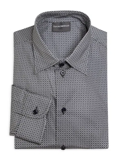 Emporio Armani Men's Geometric Print Stretch-cotton Poplin Sport Shirt In Gray