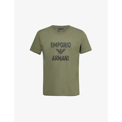 Emporio Armani Mens Militare Logo Text-embroidered Relaxed-fit Cotton And Linen-blend T-shirt