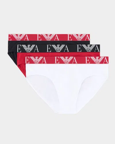 Emporio Armani Men's Monogram 3-pack Cotton Briefs In White/black