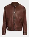 Emporio Armani Regular Fit Button Front Leather Bomber Jacket In Brown
