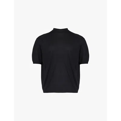 Emporio Armani Mens Nero Monogram-embroidered Dropped-shoulder Knitted T-shirt