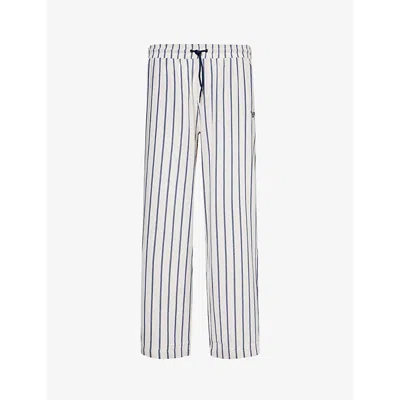 Emporio Armani Stripe-print Straight-leg Cotton And Linen-blend Trousers In Perla/blu Navy