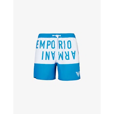 Emporio Armani Brand-print Drawstring Swim Shorts In Royal/bianco