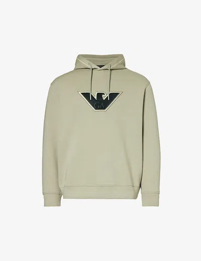Emporio Armani Mens Sage Eagle Brand-embroidered Ribbed-trim Stretch Cotton-blend Hoody In Green