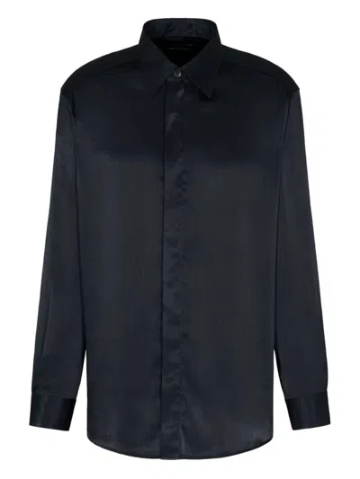 Emporio Armani Long Sleeve Satin Shirt With Spread Collar In Black