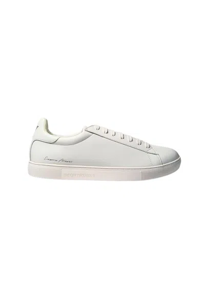 Emporio Armani Men's Shoes  Low Leather-brand Logo-sole Rubber Sneakers With Engravings In White