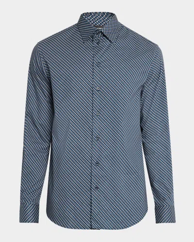 Emporio Armani Stretch Rectangle Geometric Regular Fit Button Down Shirt In Fancy Blue