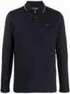 Emporio Armani Blue Long Sleeve Polo Shirt With Logo Embroidery In Stretch Cotton In Black