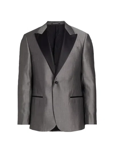 Emporio Armani Microdot Virgin Wool Blend Tuxedo Jacket In Textured Gray