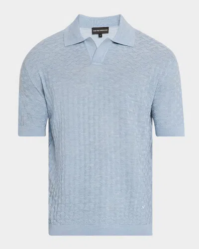 Emporio Armani Short Sleeved Knitted Wool Basketweave Pullover Polo Sweater In Medium Blue