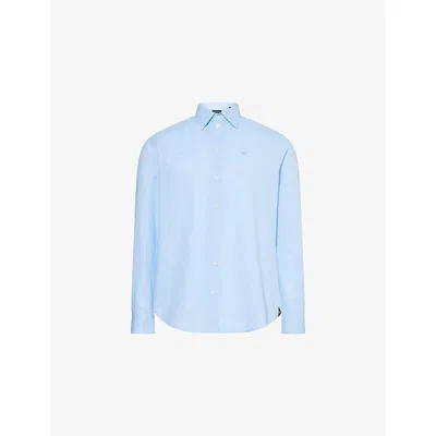 Emporio Armani Mens Azzurro Chiaro Brand-embroidery Curved-hem Linen And Cotton Shirt