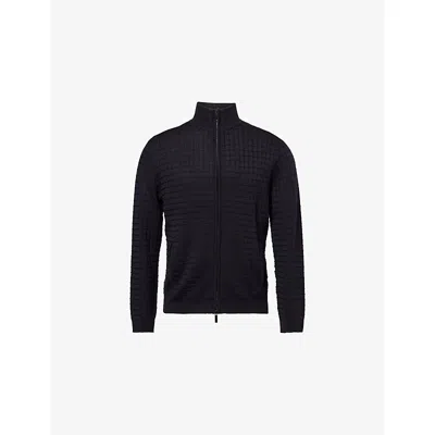 EMPORIO ARMANI MENS DARK NAVY FUNNEL-NECK TEXTURED WOOL-BLEND KNITTED CARDIGAN