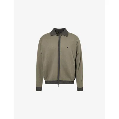 Emporio Armani Mens Embroidered-logo Striped-trims Wool Blend Cardigan Dusty Olive In Green