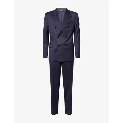 Emporio Armani Mens Blu Scuro Melange Double-breasted Tapered-leg Wool Suit In Blue