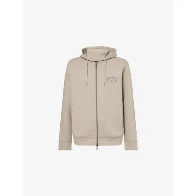 Emporio Armani Mens Greige Logo-embroidered Zipped Stretch-cotton Hoody Xl In Neutral