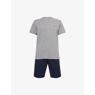 Emporio Armani Mens Grey/ Blue Logo-print Regular-fit Stretch Cotton-jersey Pyjamas In Multi