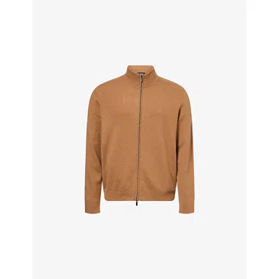 Emporio Armani Mens Toasted Coconut Funnel-neck Embroidered-logo Cashmere-knit Cardigan Xl In Brown