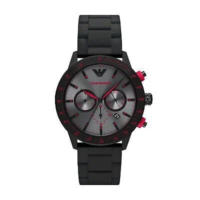 Pre-owned Emporio Armani Mens Wristwatch  Mario Ar11392 Chrono Steel Silicone Black Gray