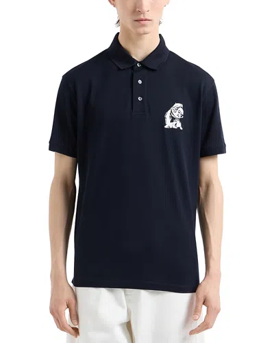 Emporio Armani Mercerized Cotton Piquet Bulldog Embroidery Polo In Navy Blue