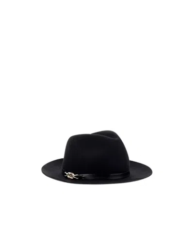 Emporio Armani Merino Wool Fedora Hat With A Leather Band And Chain Detail In Black