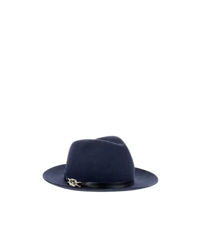 Emporio Armani Merino Wool Fedora Hat With A Leather Band And Chain Detail In Blue